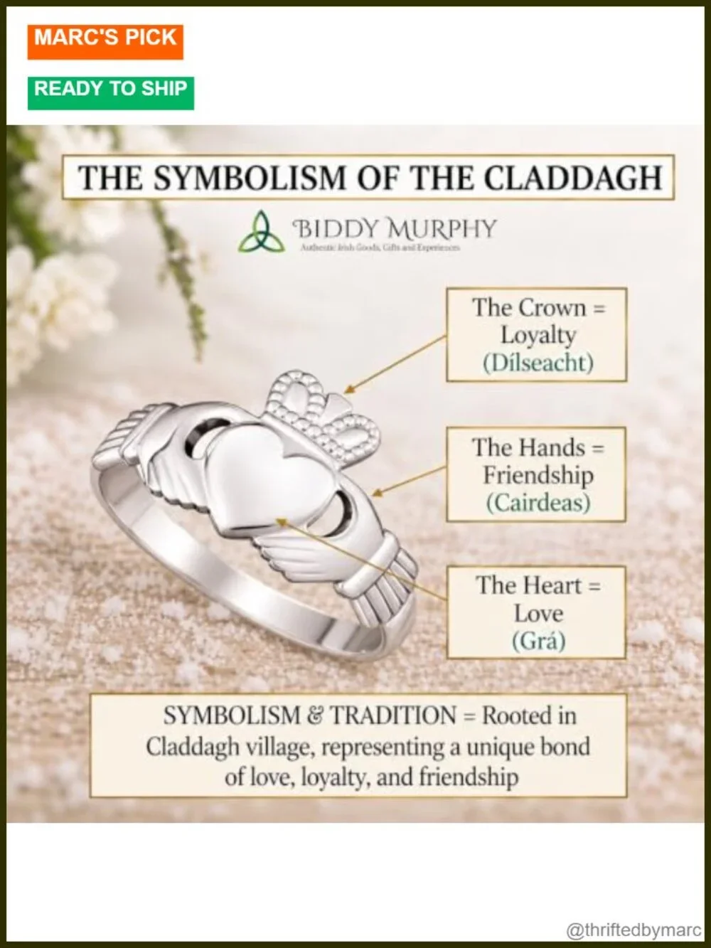 Sterling Silver Claddagh Ring, Rhodium-Plated, Irish Made